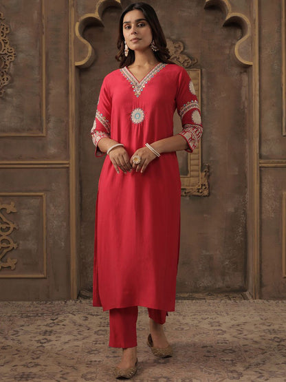 Floral Embroidered V-Neck Mirror Work Straight Kurta With Trousers