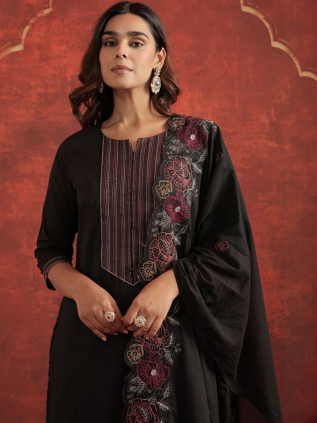 Women Floral Embroidered Cotton Kurta with Trousers & Dupatta