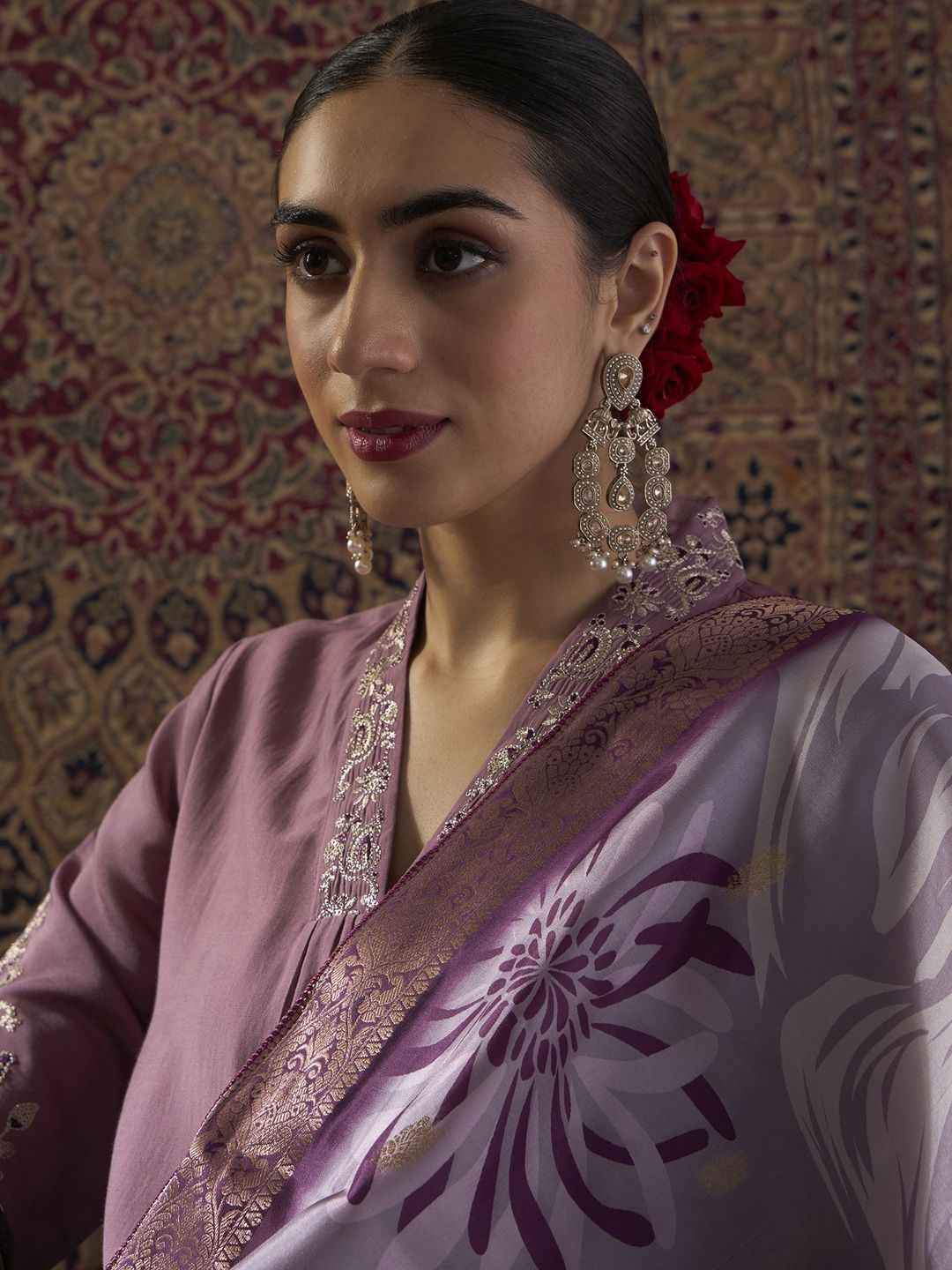 Floral Embroidered Thread Work Straight Kurta With Trousers & Dupatta
