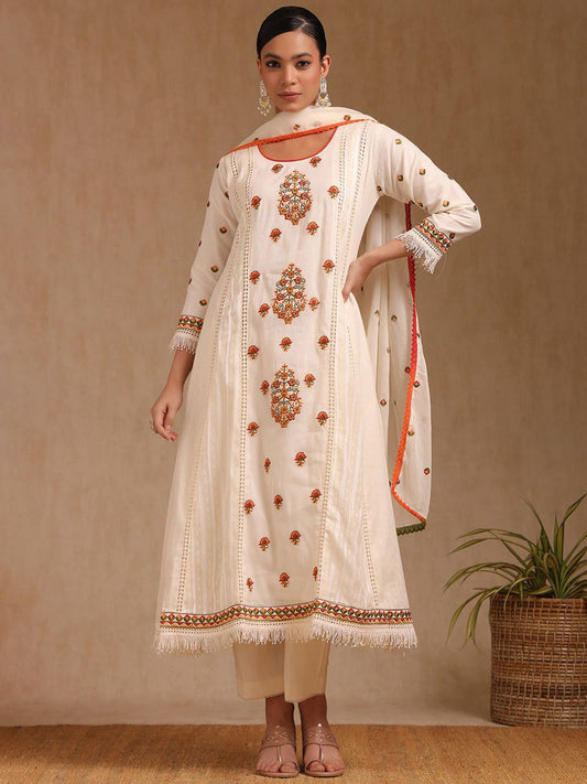 Dhiyona SO Women's Women Printed Regular Thread Work Kurta with Trousers & With Dupatta Kurta Sets