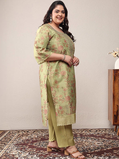 Dhiyona Women's Plus Size Floral Printed Kurta with Trousers & With Dupatta