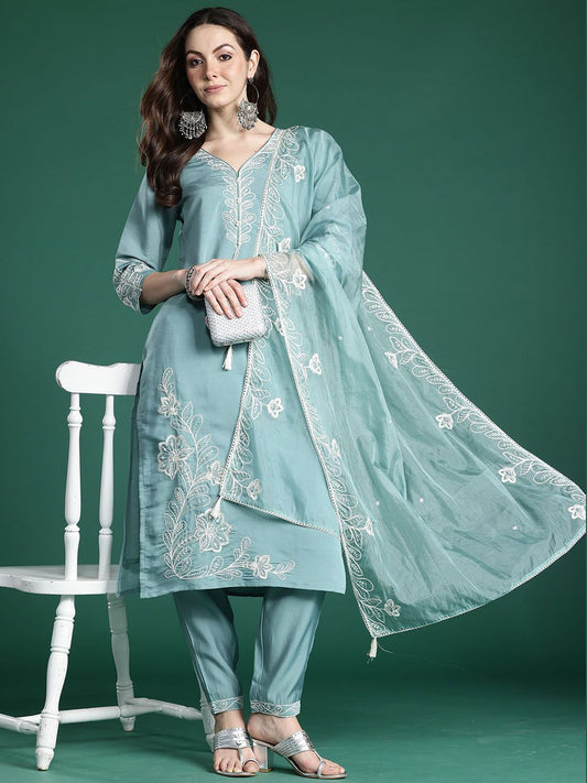 Dhiyona IE Women Floral Embroidered Regular Kurta with Trousers & With Dupatta