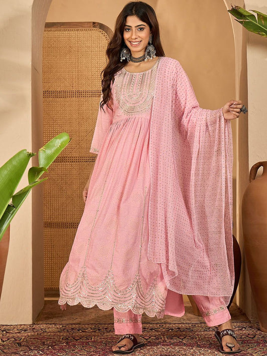 Dhiyona SN Women's Floral Embroidered Sequinned A-line Kurta With Trousers & Dupatta