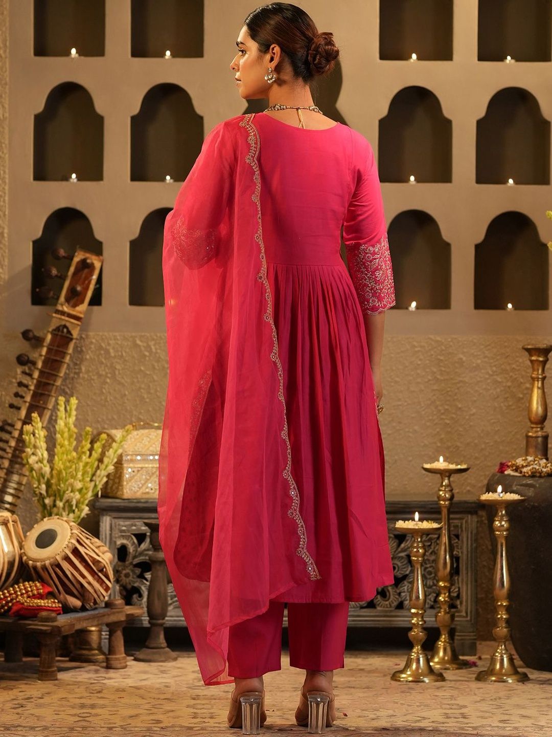 Women Embroidered Pleated Thread Work Kurta And Trousers With Dupatta