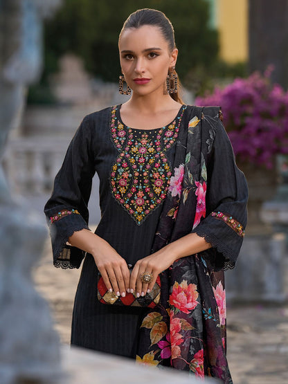 Dhiyona IE Floral Embroidered Regular Thread Work Pure Cotton Kurta With Trousers & Dupatta
