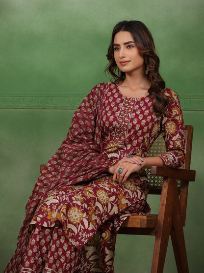 Dhiyona SN Women's Maroon Floral Printed Round Neck Pure Cotton Kurta With Trousers & Dupatta