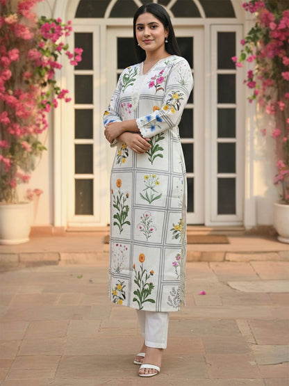 Women Floral Printed Linen Kurta with Trousers