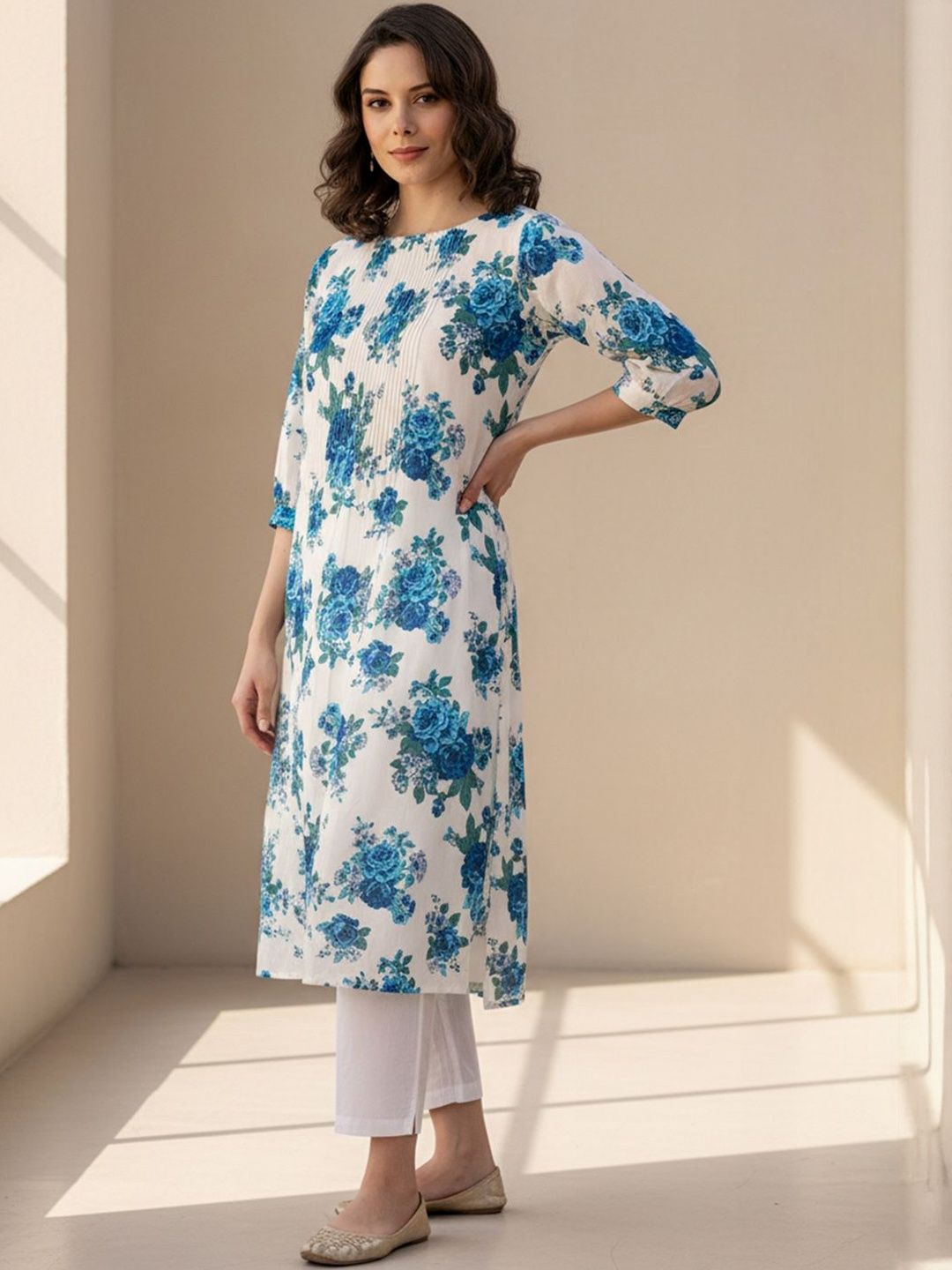 Floral Printed Pleated Round Neck Pure Cotton Straight Kurta With Trouser