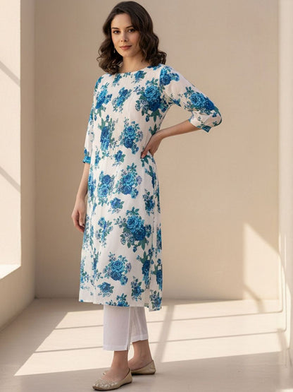 Floral Printed Pleated Round Neck Pure Cotton Straight Kurta With Trouser
