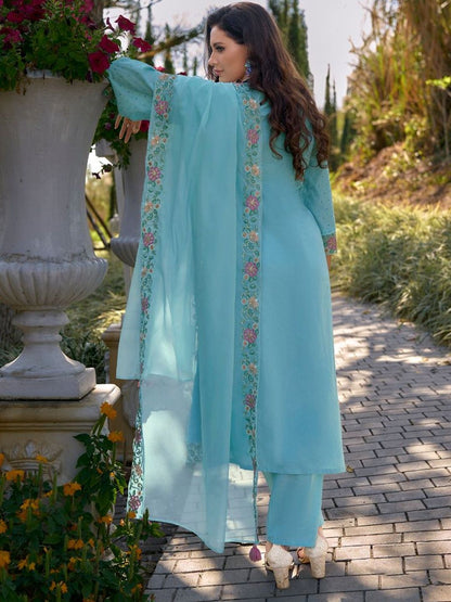 Women Floral Embroidered Regular Thread Work Pure Cotton Kurta with Trousers & With Dupatta