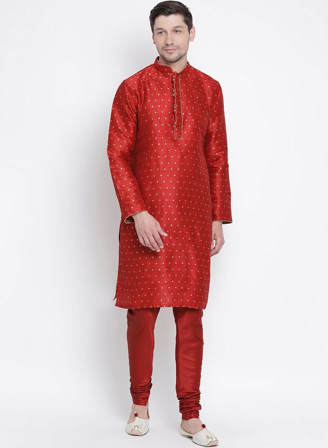 Men's Maroon Silk Blend Straight Kurta Pyjama Set