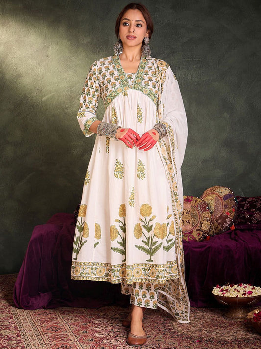 Dhiyona IE Floral Printed Empire V-Neck Pure Cotton A-Line Kurta With Trousers And Dupatta