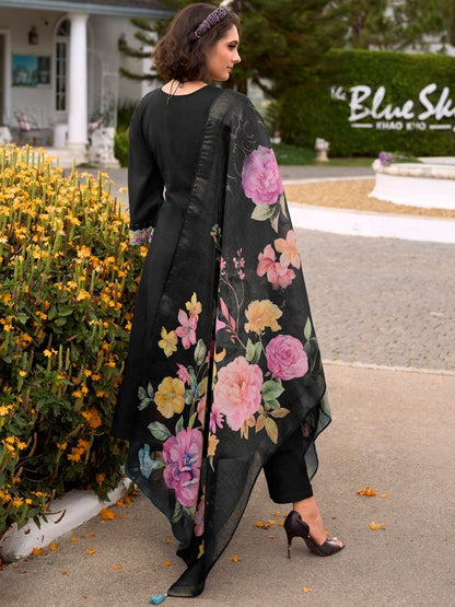 Women Floral Embroidered Regular Thread Work Pure Cotton Kurta with Trousers & With Dupatta