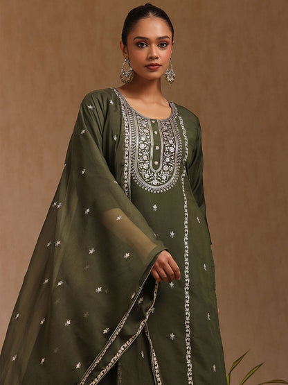 Dhiyona SO Women's Floral Embroidered U-Neck Sequinned Straight Kurta With Trousers & Dupatta