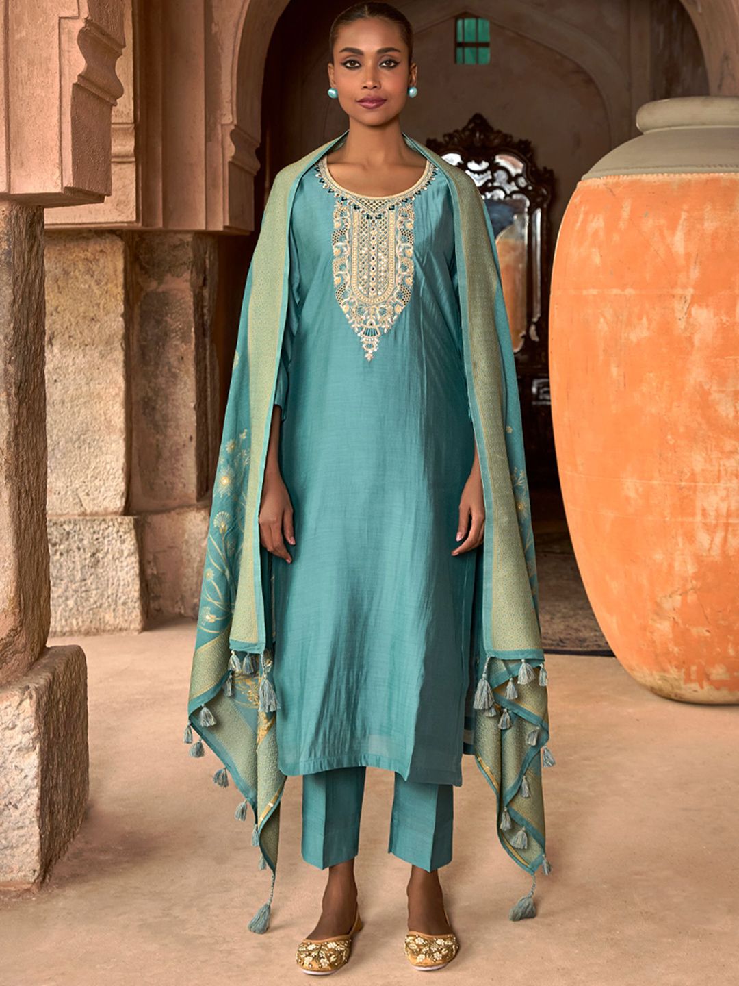 Dhiyona WP Women Embroidered Viscose Silk Suit Set