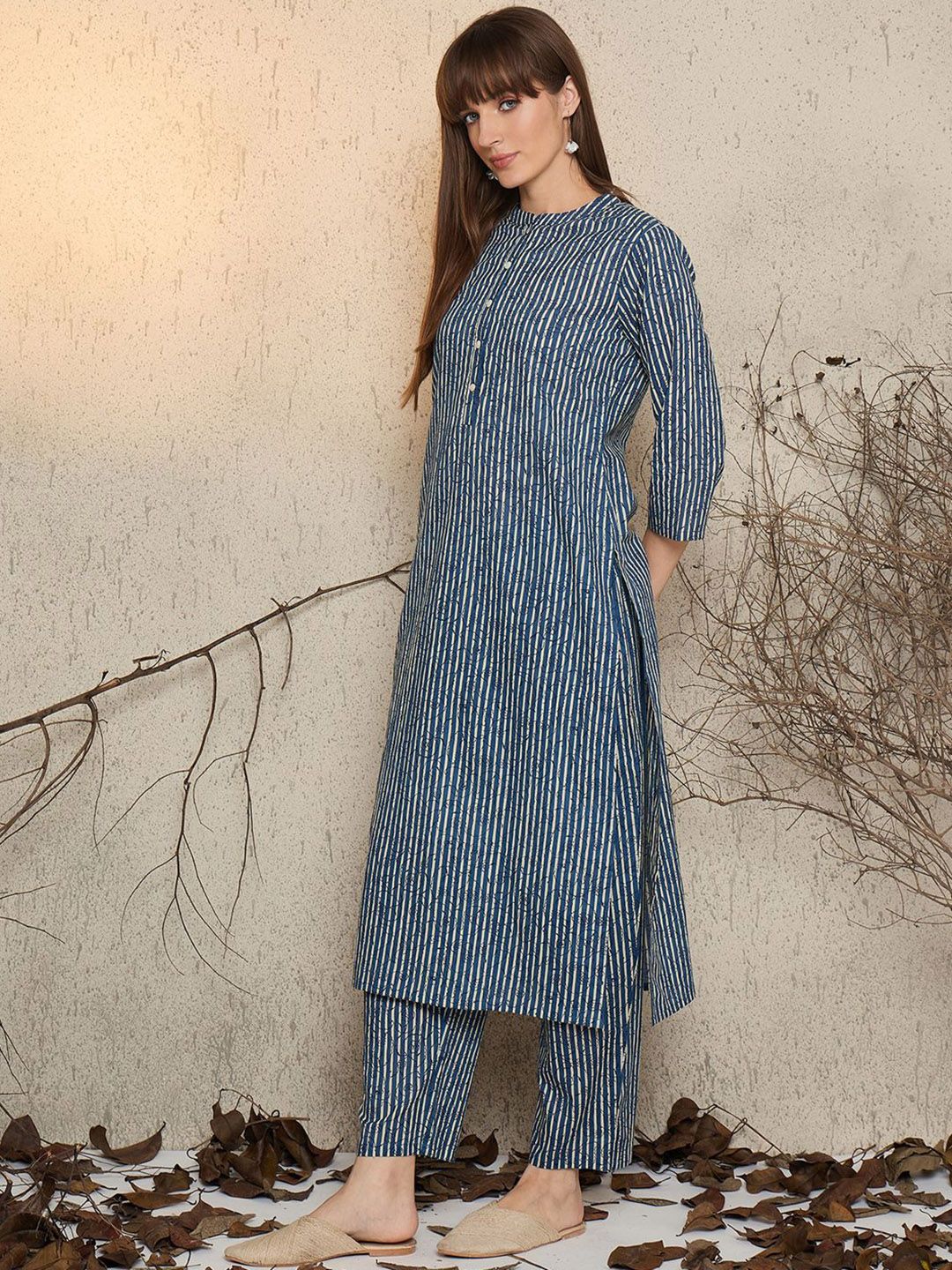 Women Striped Pure Cotton Kurta with Trouser