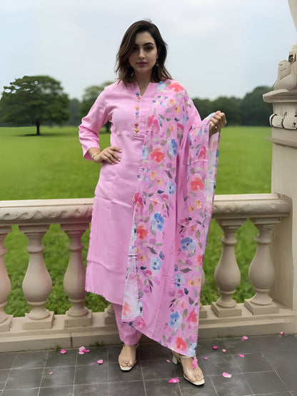 Dhiyona IE Women's Floral Printed Mandarin Collar Kurta With Trousers & Dupatta