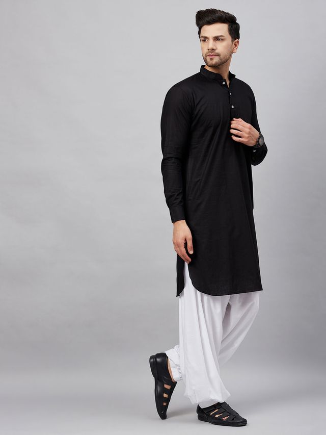 Men's Black Cotton Linen Pathani Pathani Kurta Set