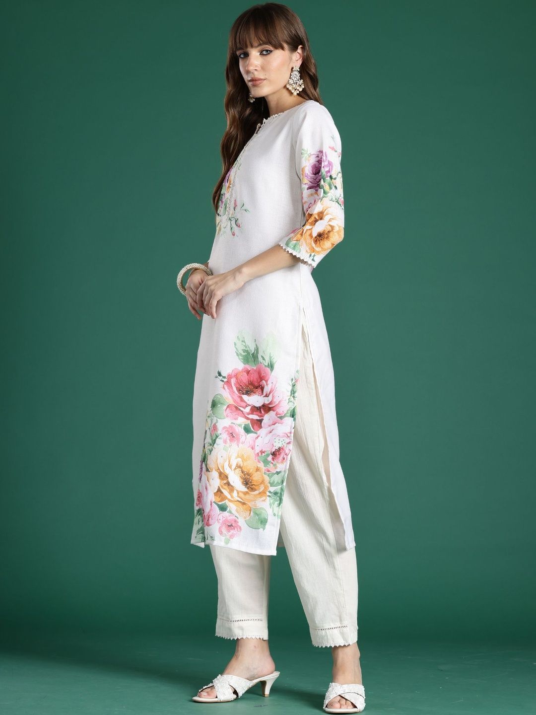 Floral Printed Regular Linen Kurta With Trouser And Dupatta
