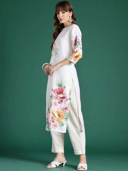 Floral Printed Regular Linen Kurta With Trouser And Dupatta