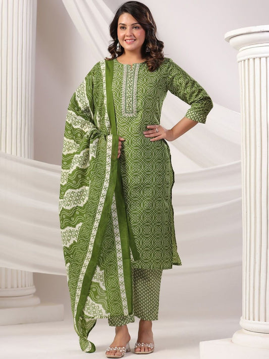 Women Printed Thread Work Pure Cotton Kurta with Trousers & Dupatta