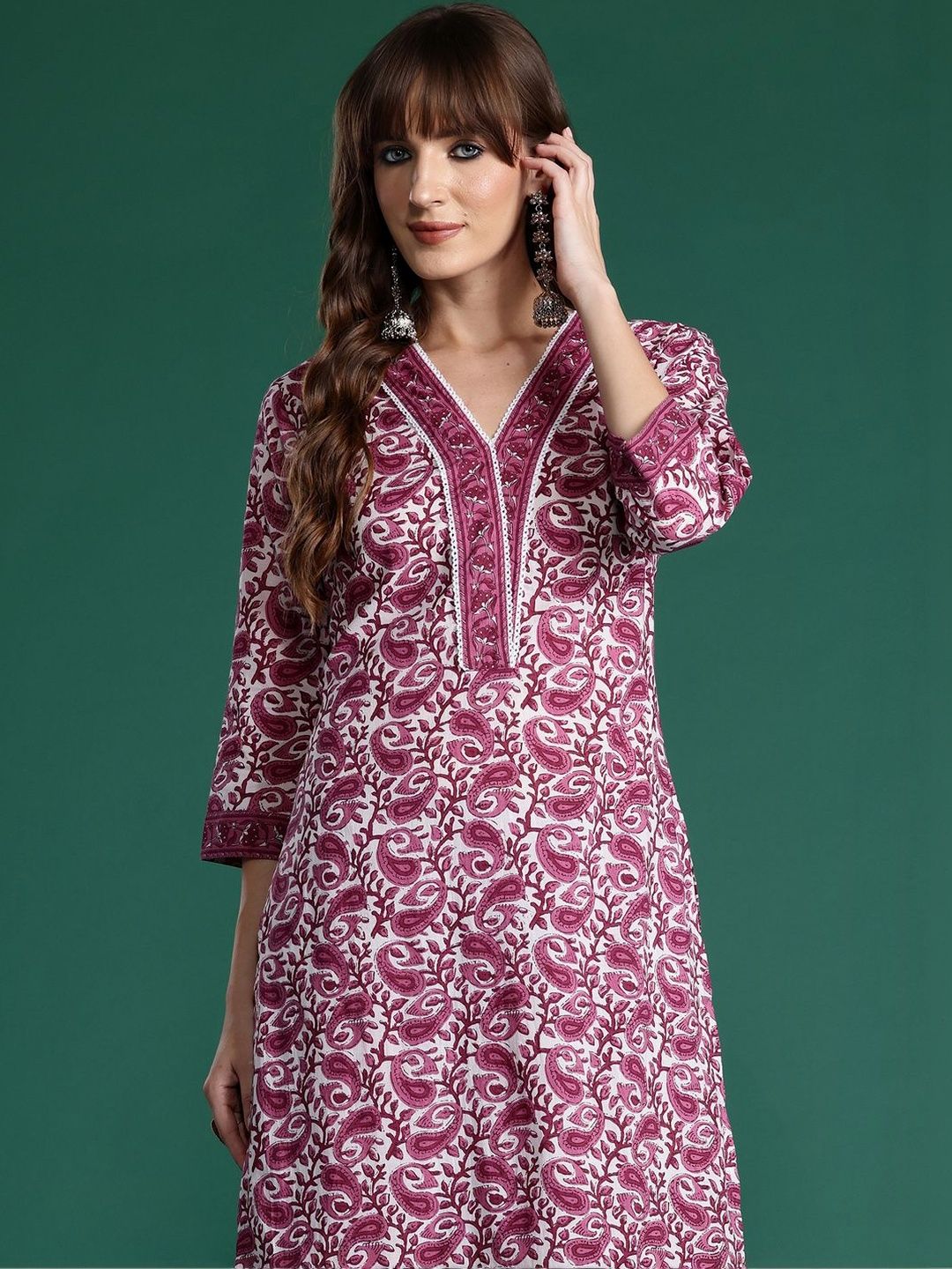 Women Ethnic Motifs Printed Regular Thread Work Pure Cotton Kurta with Trousers