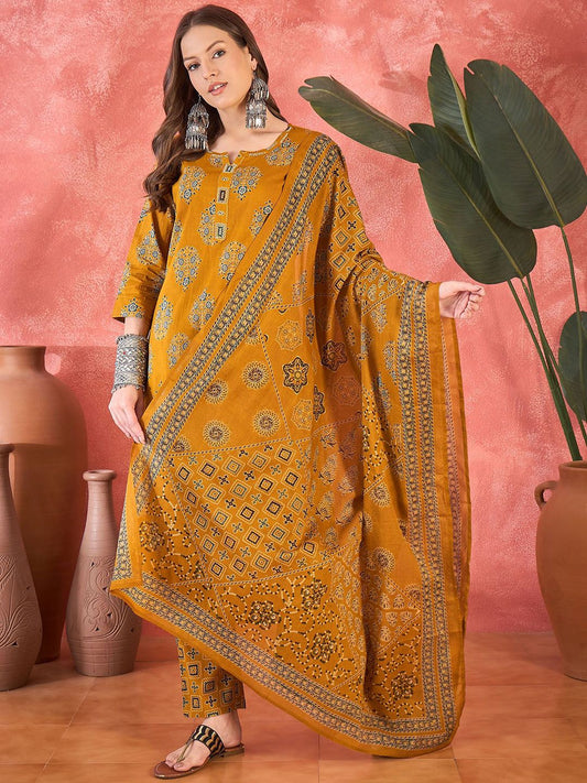 Dhiyona SN Women's Floral Printed Notch Neck Beads and Stones Pure Cotton Kurta & Trousers & Dupatta