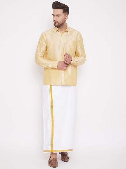 Men's Gold Silk Blend Straight Shirt And Mundu