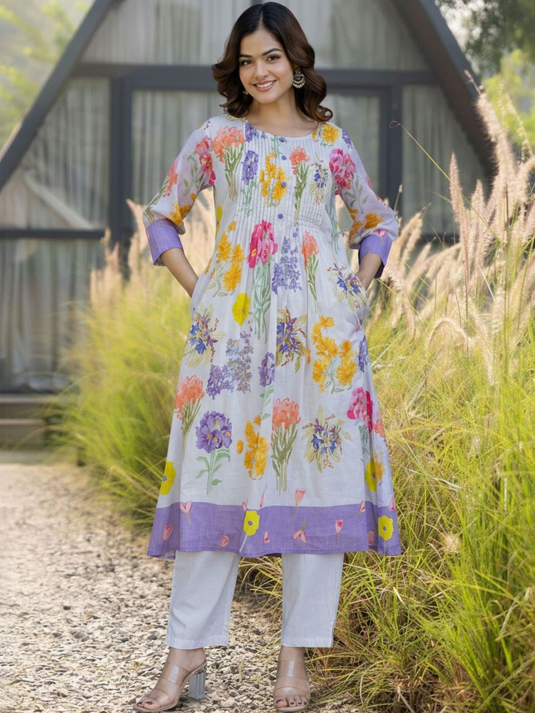 Dhiyona IE Women Floral Printed Pleated Pure Cotton Kurta with Trousers