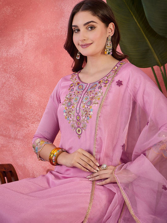 Dhiyona SN Women's Floral Embroidered Round Neck Straight Kurta With Trousers & Dupatta