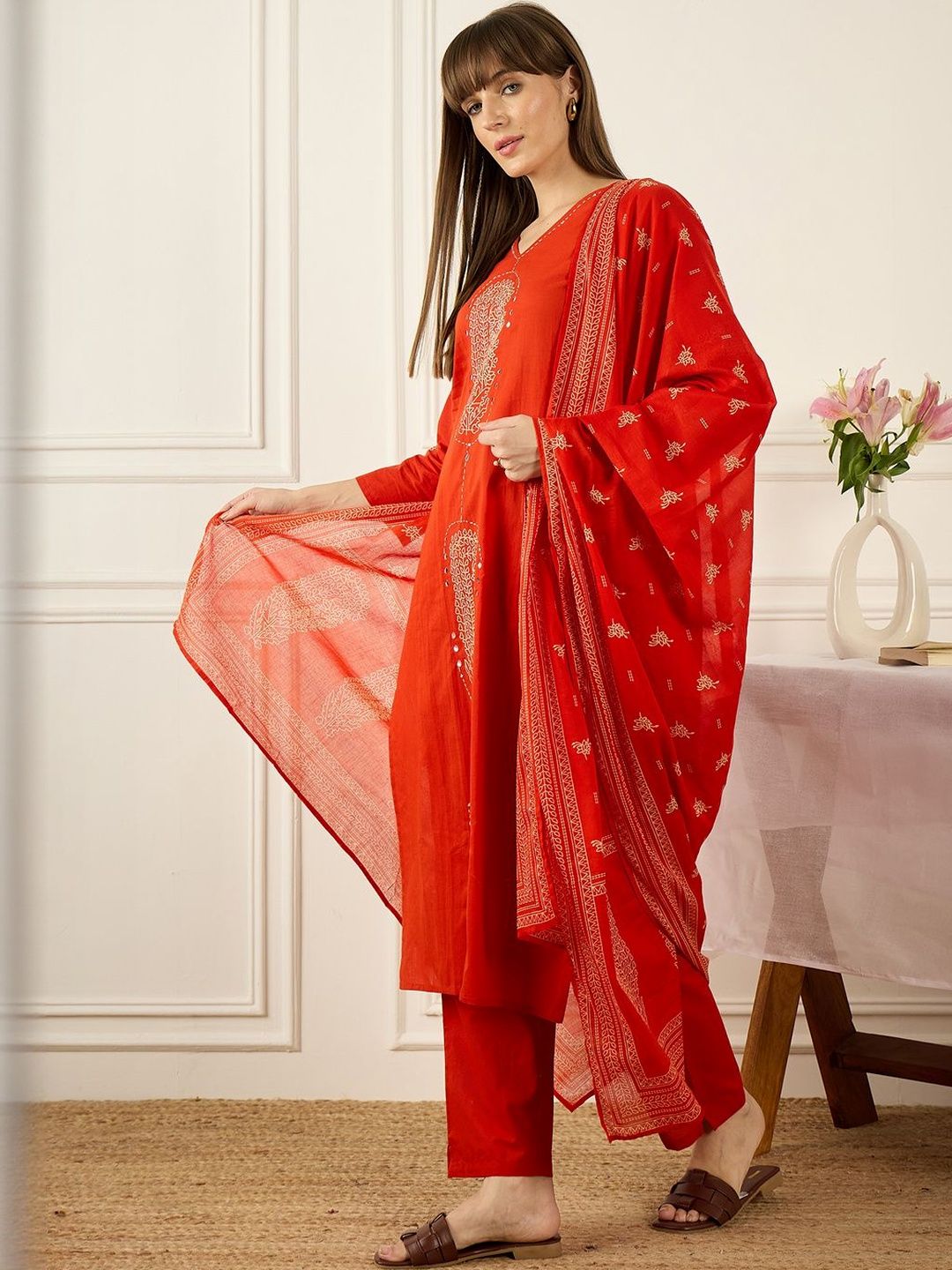 Floral Printed Thread Work Pure Cotton Kurta With Palazzos