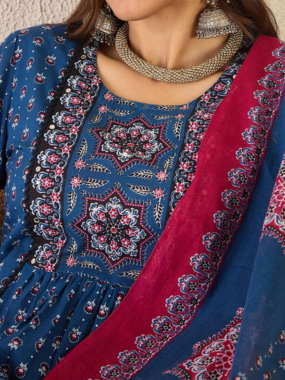 Dhiyona IE Ethnic Motifs Printed Round Neck A line Pure Cotton Kurta with Trousers & Dupatta