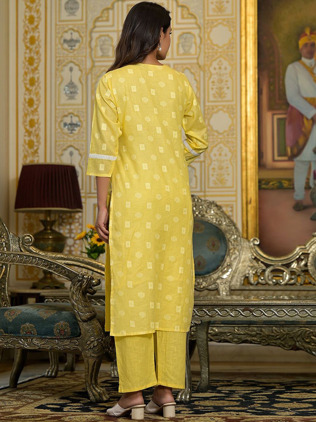 Dhiyona VA Women's V Neck Gathered Flared Cotton Kurta with Trouser & Embroidered Dupatta