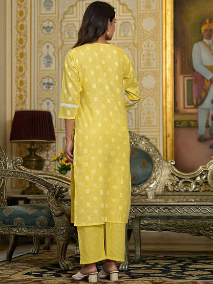 Dhiyona VA Women's V Neck Gathered Flared Cotton Kurta with Trouser & Embroidered Dupatta