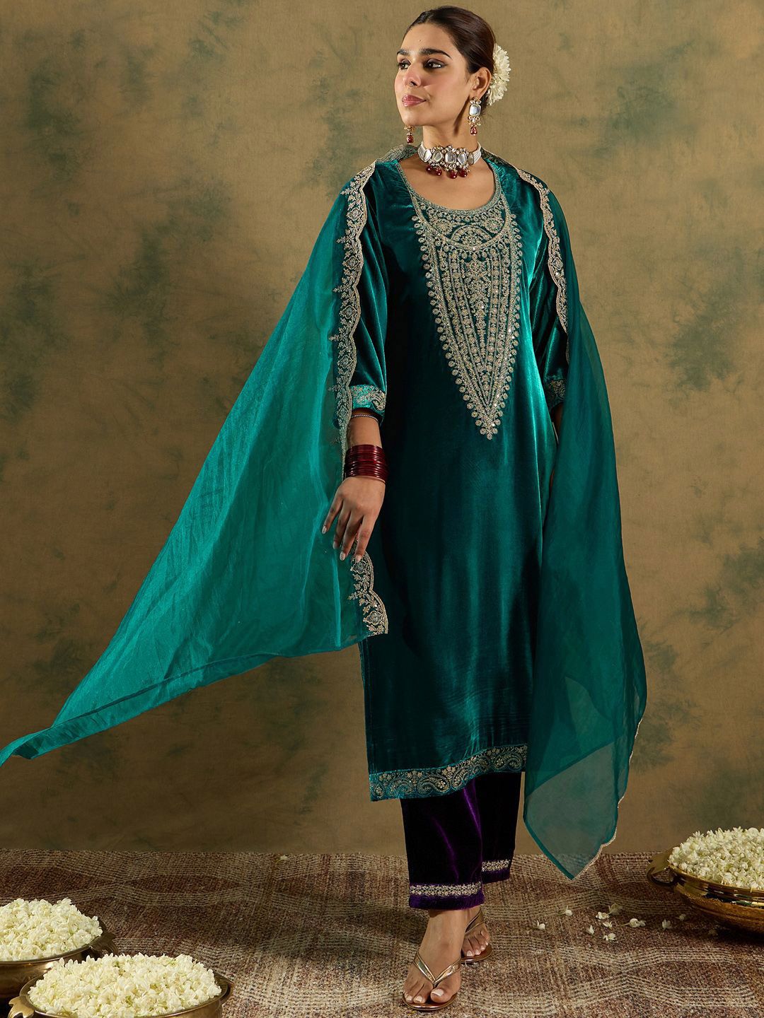 Floral Yoke Design Sequinned Velvet Straight Kurta With Trousers & Dupatta