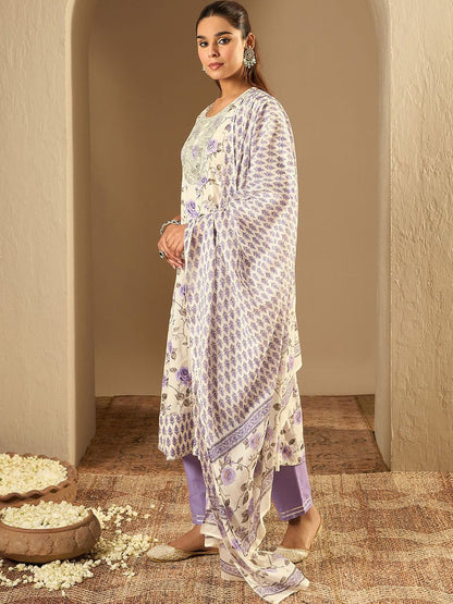 Dhiyona IE Floral Printed A-Line Sequinned Pure Cotton Kurta with Trousers & Dupatta
