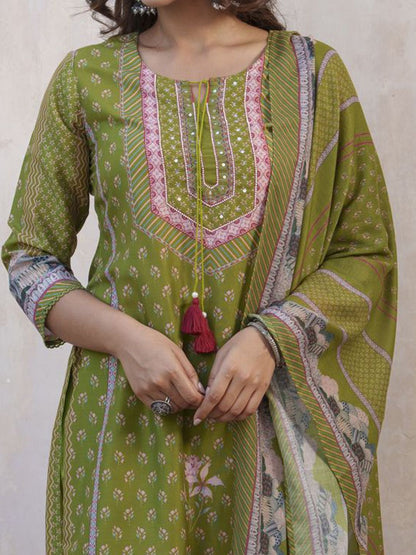 Dhiyona SN Women's Floral Printed Keyhole Neck Muslin Straight Kurta With Trouser & Dupatta