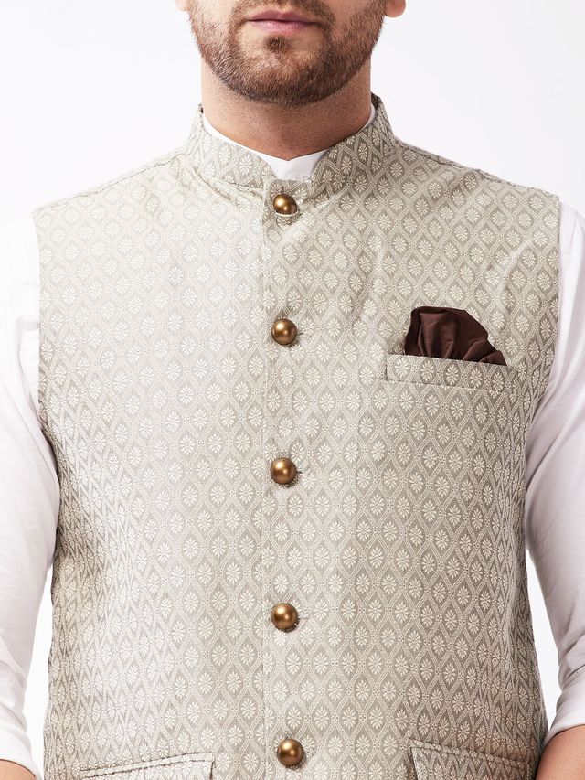 Men's Beige Silk Blend Straight Nehru Jacket