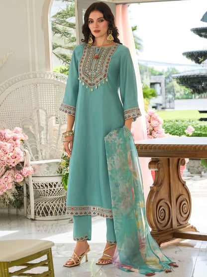 Dhiyona IE Women's Ethnic Motifs Embroidered Regular Mirror Work Kurta With Trousers & Dupatta