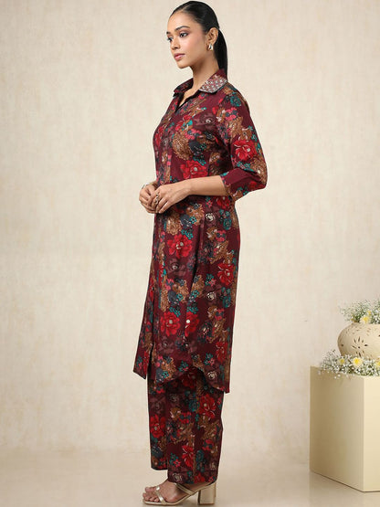Dhiyona SO Women's Floral Printed Shirt Collar Panelled Muslin Straight Kurta With Trouser