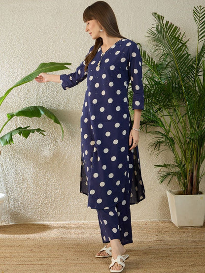 Dhiyona IE Printed V-Neck Three-Quarter Sleeves Pure Cotton Tunic And Trousers