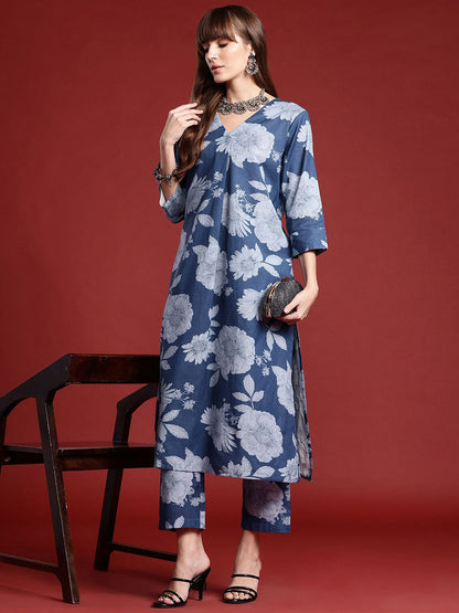 Dhiyona IE Floral Printed Three-Quarter Sleeves A-Line Tunic With Trouser