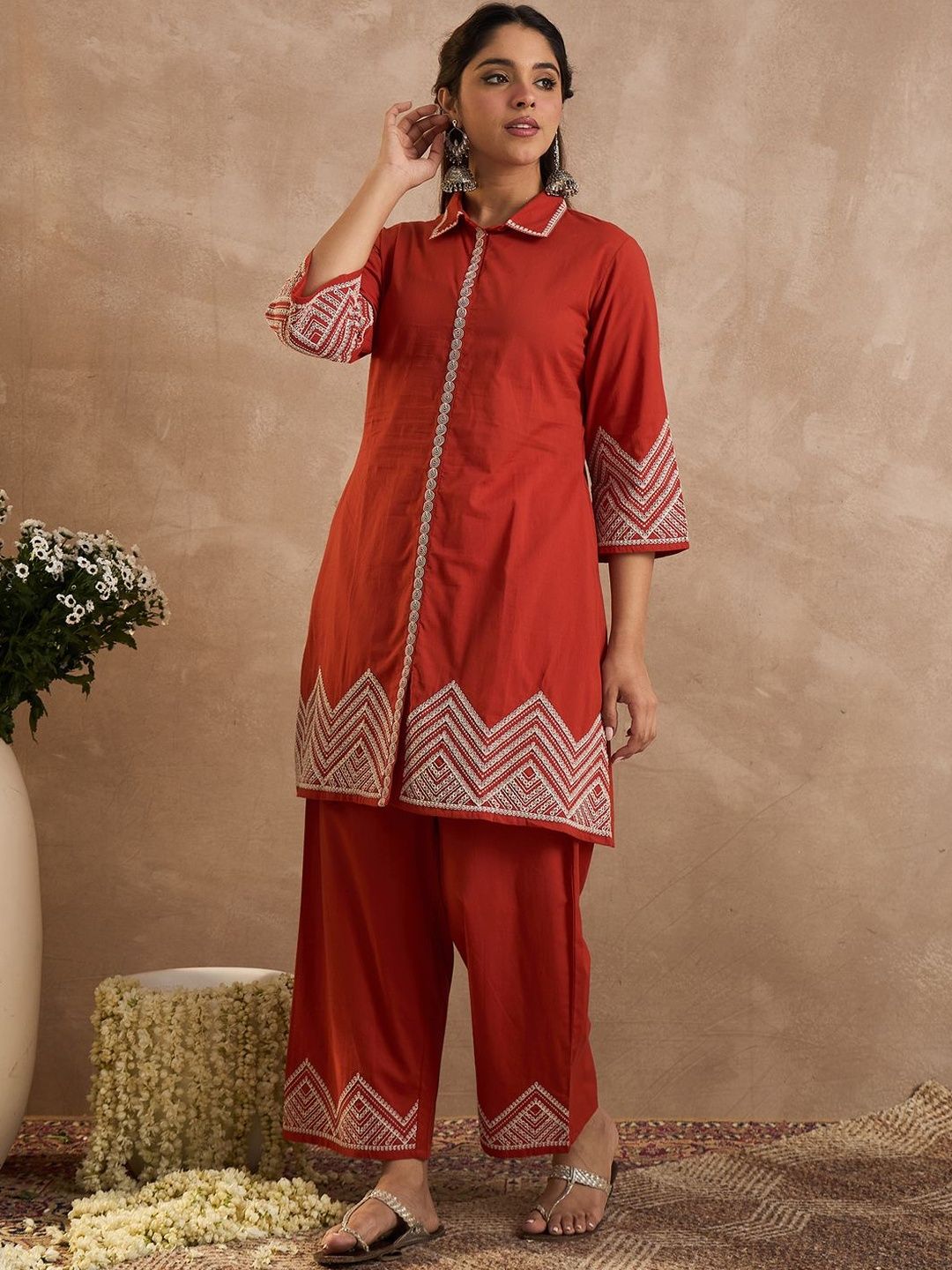 Geometric Embroidered A-Line Thread Work Pure Cotton Kurta With Palazzos