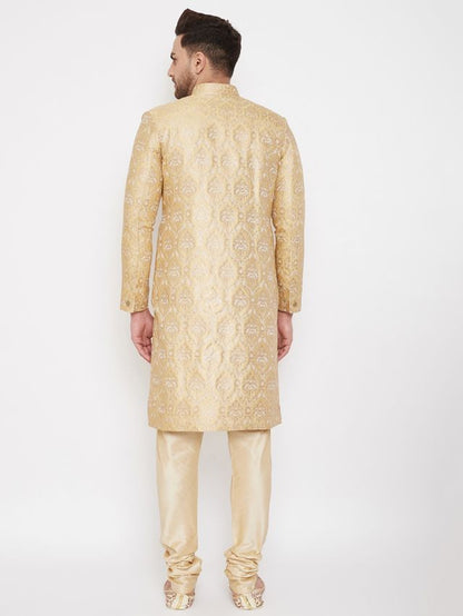 Men's Gold Silk Blend Straight Sherwani Set