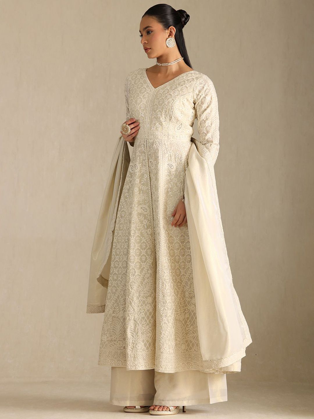 Dhiyona SO Women's Floral Embroidered Beads and Stones Anarkali Kurta with Palazzos & Dupatta
