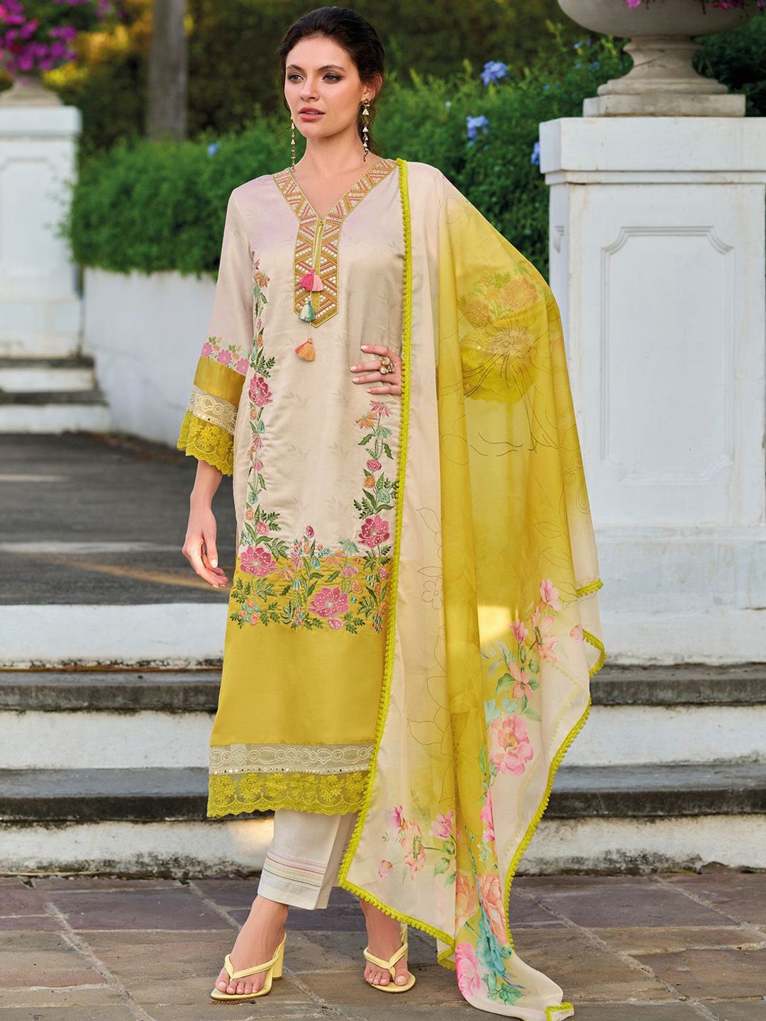 Floral Embroidered Mirror Work Straight Kurta With Trousers & Dupatta