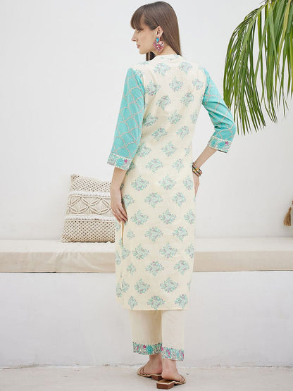 Ethnic Motifs Printed Straight Thread Work Pure Cotton Kurta With Trouser