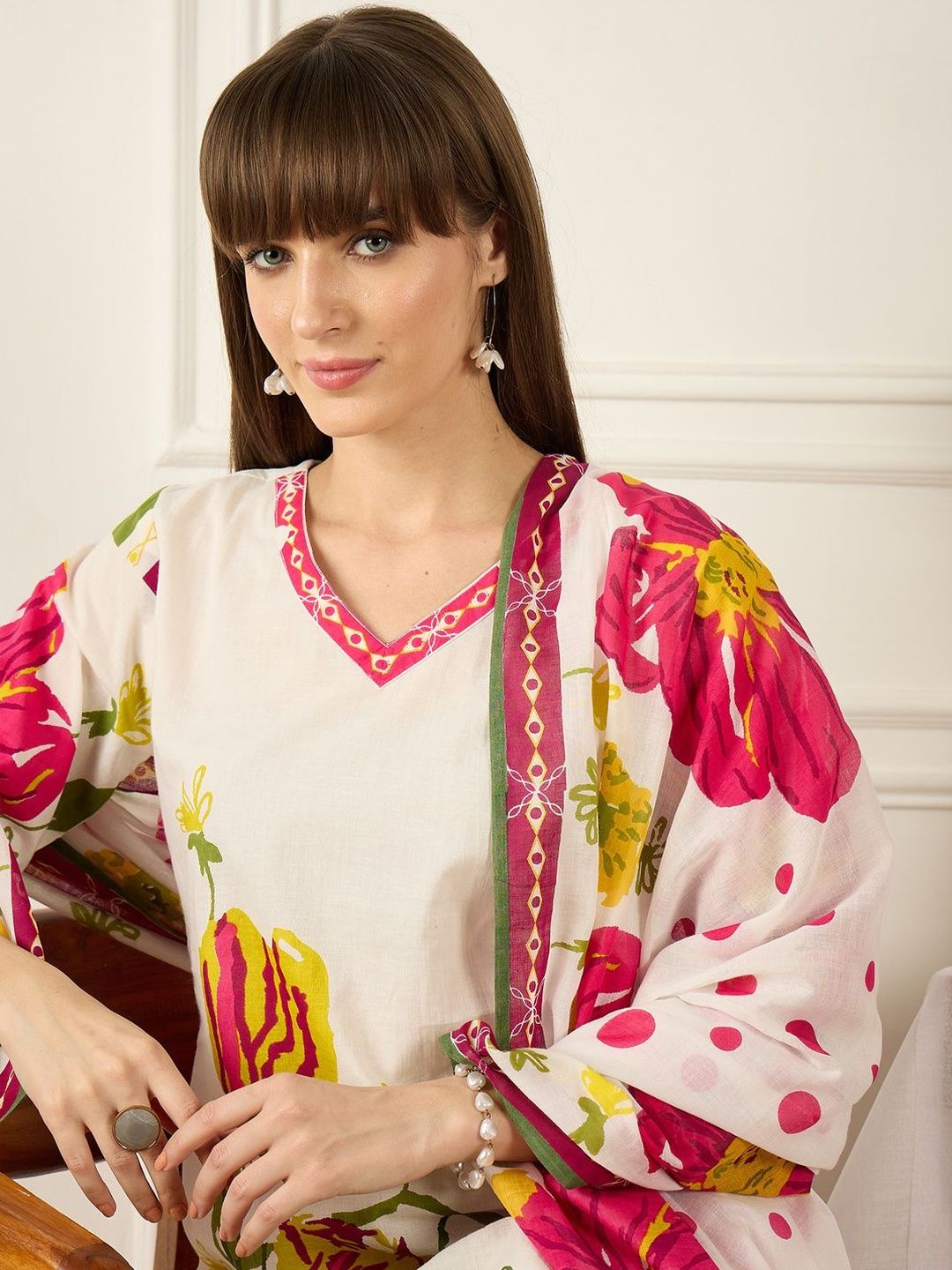 Floral Printed V-Neck Pure Cotton Straight Kurta With Trousers & Dupatta