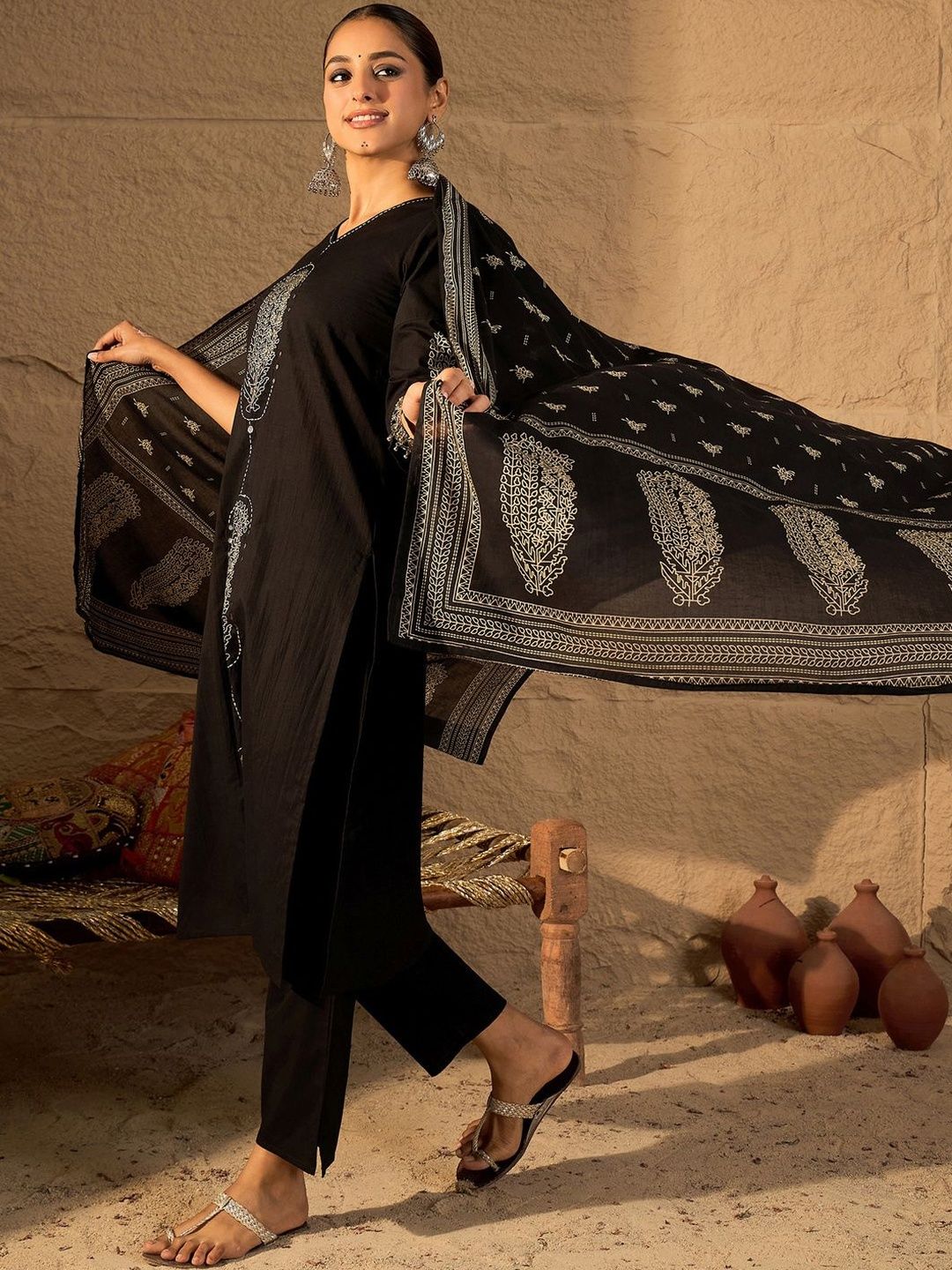 Women Ethnic Motifs Printed Regular Thread Work Pure Cotton Kurta with Trousers & With Dupatta