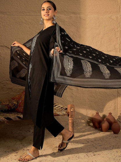 Women Ethnic Motifs Printed Regular Thread Work Pure Cotton Kurta with Trousers & With Dupatta